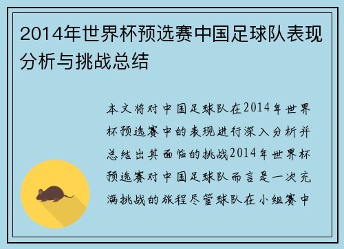 2014年世界杯预选赛中国足球队表现分析与挑战总结