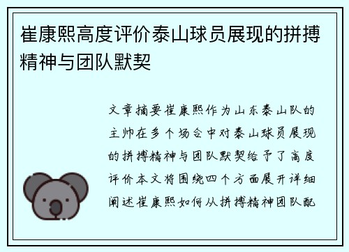 崔康熙高度评价泰山球员展现的拼搏精神与团队默契